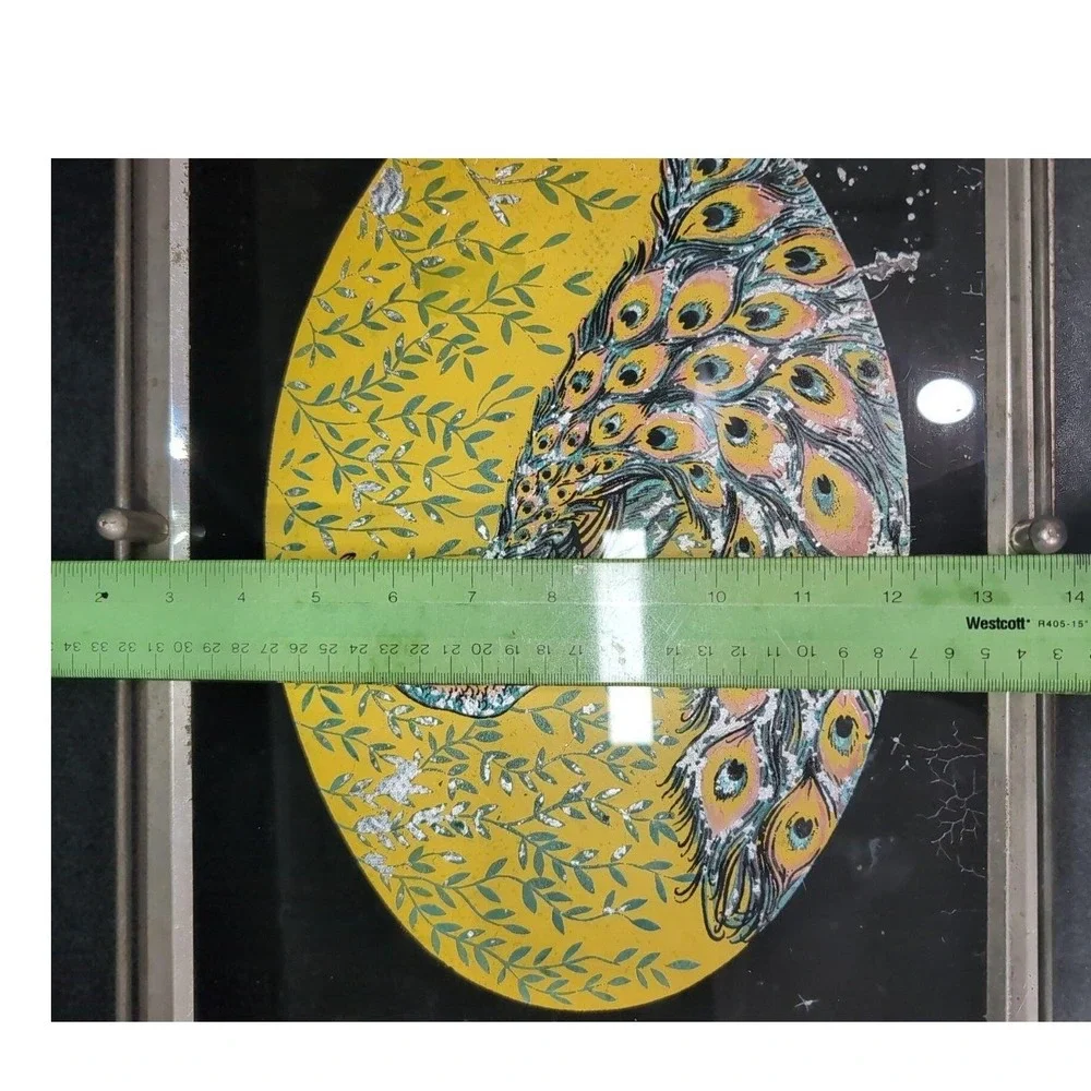 Peacock Serving Tray with Gold Foil Backing, Vintage Reverse Painted Carrier - Picture 8 of 10
